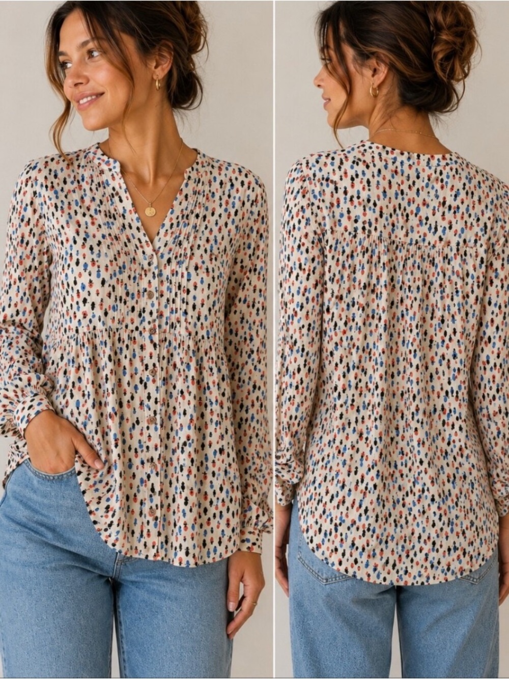 Maeve Anthropologie Printed Pintuck Tunic Blouse Boho Peasant Top US 2